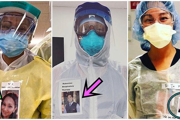 Медработники начали закреплять свои фотографии с улыбками на защитные костюмы, за которыми не видны лица