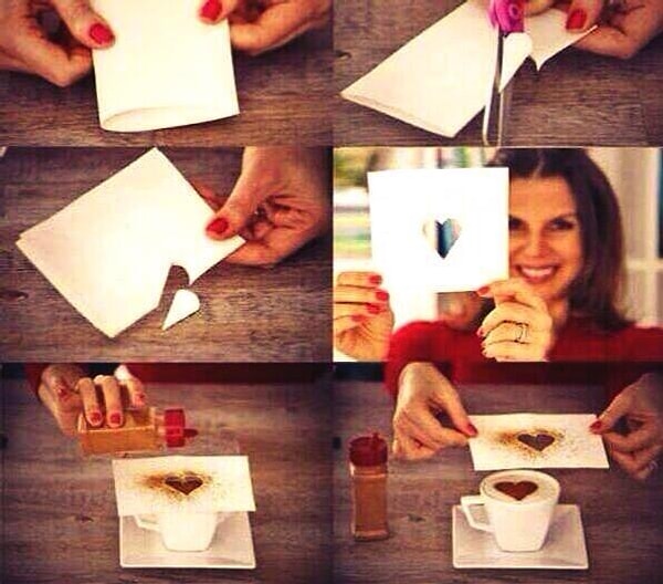 34. При помощи вырезанного листа бумаги можно сделать украшение корицей в любой форме, посыпав ею, скажем, ваш любимый кофе.