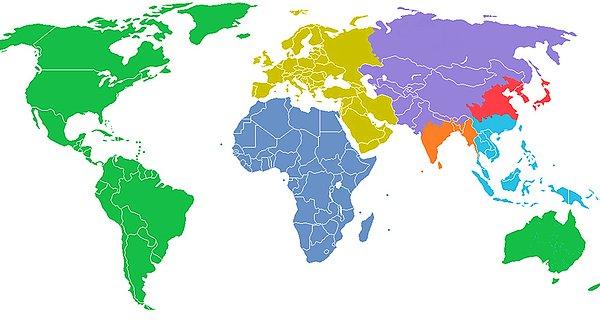 11-Her Biri 1 Milyar Nüfusa Sahip 7 Bölgeye Ayrılan Dünya Haritası