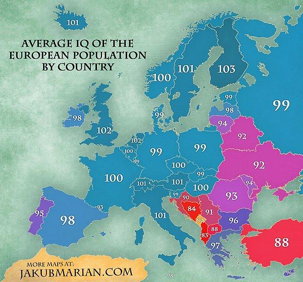 Harita: Avrupa Ülkelerinin Ortalama IQ'su