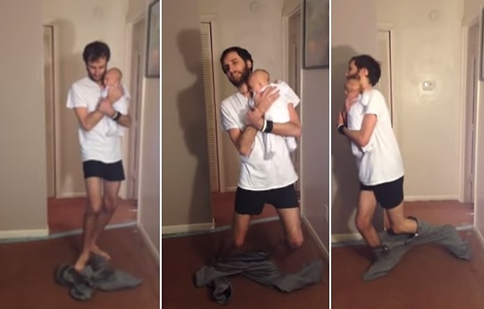 Bebeği Kucağındayken Ellerini Kullanmadan Pantolonunu Giyen Yetenekli Baba