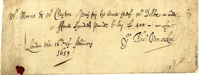 5. Hamiline yazılmış ilk çek, 22 Nisan 1659 günü, Londra'da Nicholas Vanacker'a ödendi.