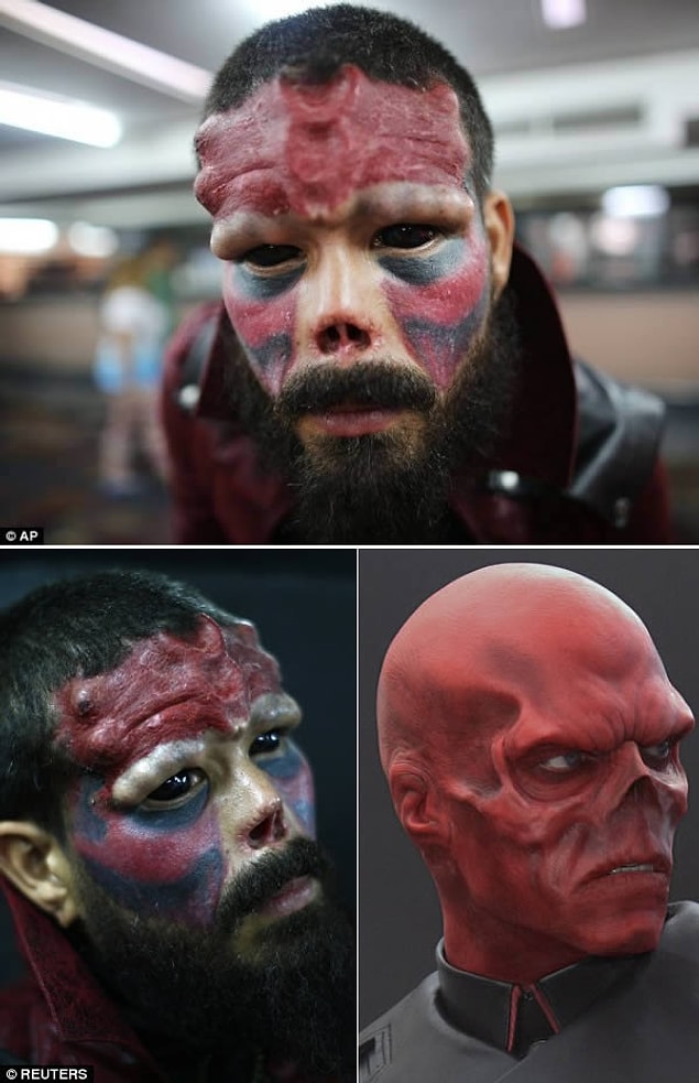 12. Marvel'ın kötü karakterlerinden "Red Skull"a benzemeye çalışan adam..