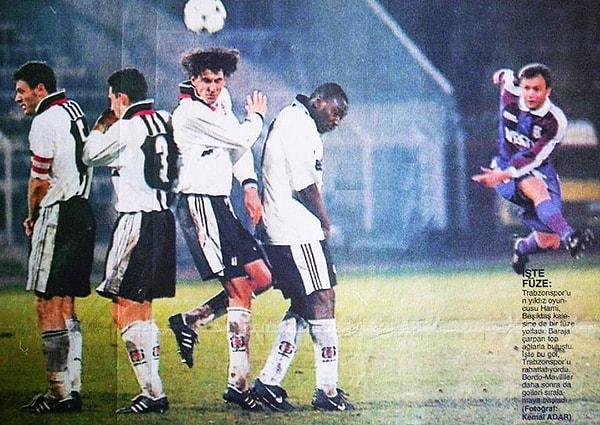 11. Avni Aker Stadı Şubat 1998 | Hami Mandıralı'nın frikik golü. Barajda Alpay, Tayfur, Emre ve Amokachi var. (TS-BJK)