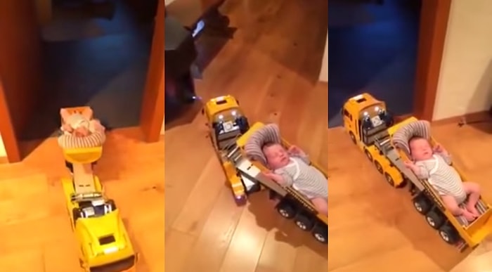 Bebek ile Evde Yalnız Kalan Babanın Çocuğunu Kumandalı Arabada Uyutması