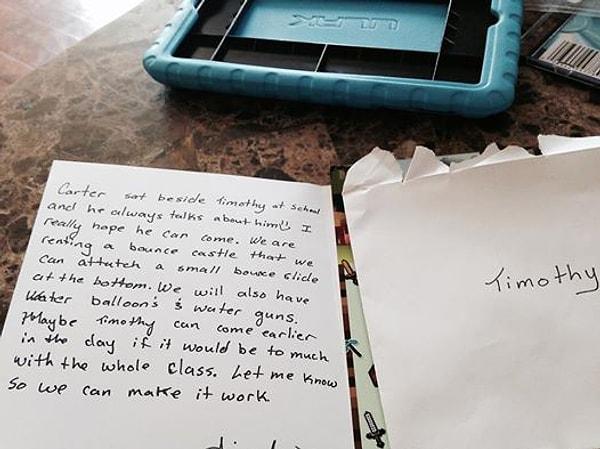 7 yaşındaki Timothy'nin aldığı bir davet, annesini bu mektubu yazmaya iten sebep olmuş.