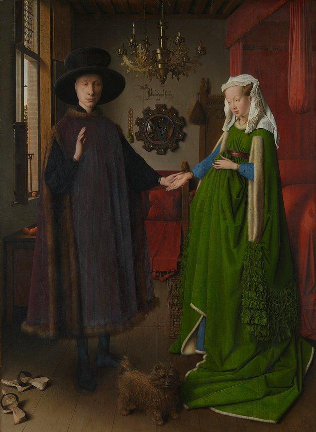 Görmüş olduğunuz tablonun adı 'Arnolfini'nin Evlenmesi' ve Belçika doğumlu ressam Jan van Eyck'a ait. Eserin sanat tarihi içerisinde büyük ilgi görmesinin sebebi ise hem gizlenmiş simgeleri, hem de ressamın kullandığı özgün perspektif...