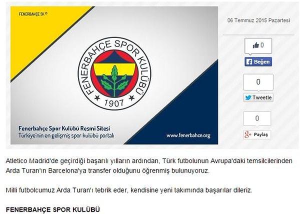 Fenerbahçe'den Arda Turan'a tebrik mesajı
