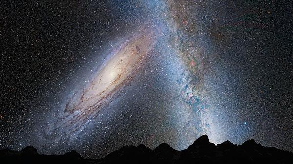 14. Gerçekleşmesi beklenen Samanyolu ile Andromeda galaksilerinin çarpışma anının illüstrasyonu