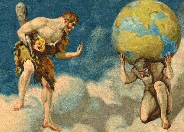 9. Atlas göğü yerden ayıran sütunları taşımaktadır ve Herakles altın elmaları sorduğunda Herakles'in bir süre sütunları tutmasını, o arada kendisinin de altın elmaları alıp ona teslim edeceğini söyler.