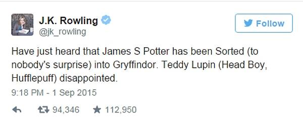 Daha sonra Rowling, James ve Teddy Lupin'in hangi binalara seçildiğini açıkladı.