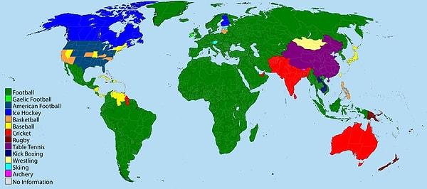 14. Dünya çapındaki en popüler sporları gösteren bir harita
