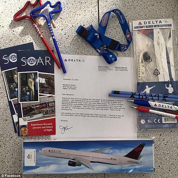 Delta şirketi olarak Ben’e, kendi havayolu firmalarının aksesuarlarını da –model uçak, şirketin özel kalemleri vs.- yolladığını belirtmiş Laughter.