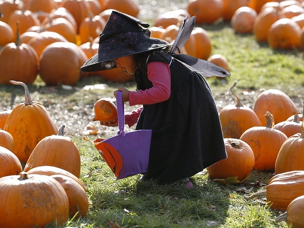 19. Криция Магда, одетая в костюм ведьмочки, играет с тыквами накануне Хэллоуина. Адлстон, Суррей, Великобритания, 26 октября, 2015 г.