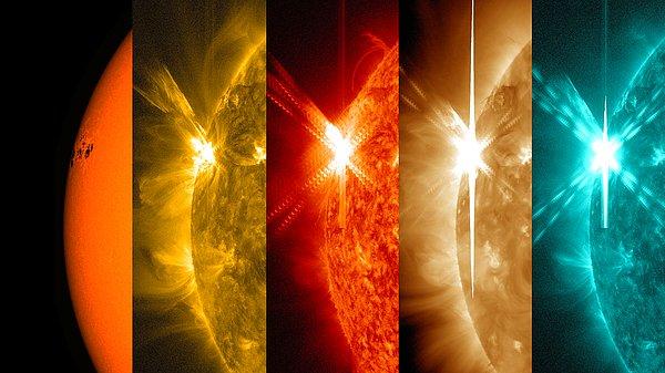 13. NASA'nın Güneş Dinamikleri Gözlemevi tarafından görüntülenen "Cinco de Mayo" güneş parlaması. Görüntüler sahte renkte ve beş farklı dalga boyunda çekilmiş. 5 Mayıs 2015.