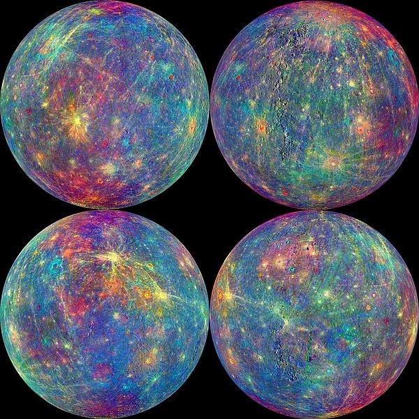 15. NASA'nın Messenger Uzay Aracı tarafından çekilen Merkür'ün sahte renkte görüntüleri.