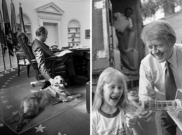 16. Başkan Ford, ofisinde çalışırken Gold Retriever cinsi köpeği "Liberty" ile birlikte (sol). Jimmy Carter ve 7 yaşındaki kızı Amy, hamster'ları "Sleepy" ile birlikte (sağ).