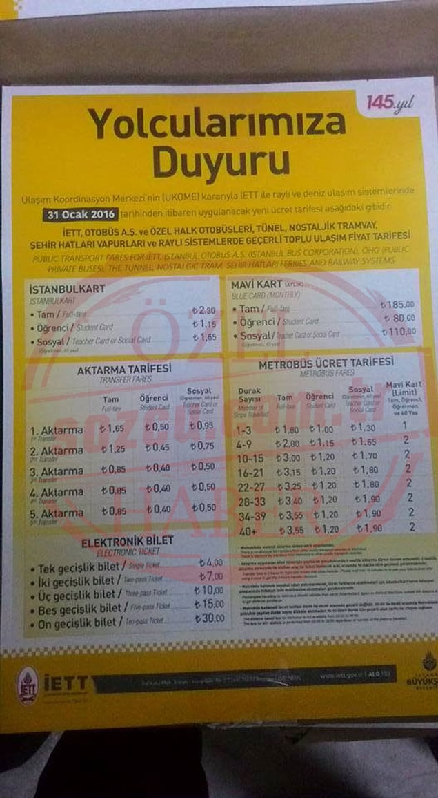 Sozcü'nün ulaştığı yeni tarife duyurusu şöyle: