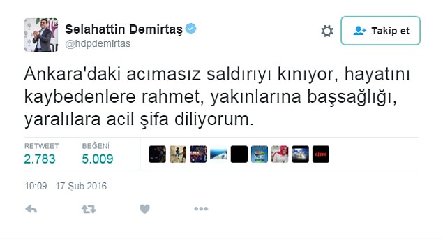 16. Selahattin Demirtaş da saldırıyı kınayanlar arasındaydı.