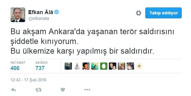1. Patlama sonrası İçişleri Bakanı Efkan Ala bu tweeti attı ve saldırıyı kınadı.