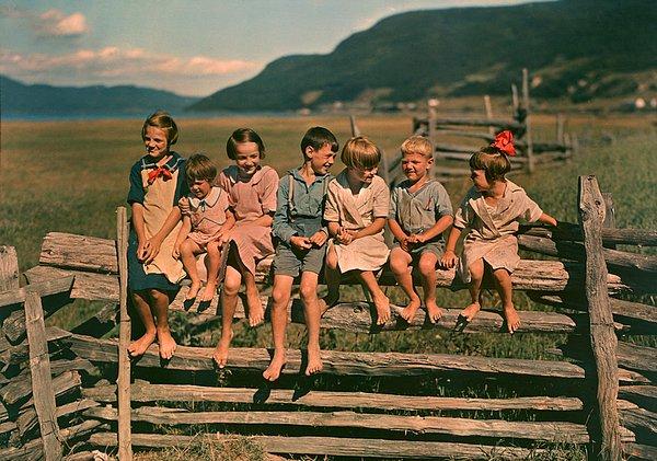 7. Ahşap çitin üzerinde oturan yedi kardeş. Quebec, Kanada. Mayıs, 1939.
