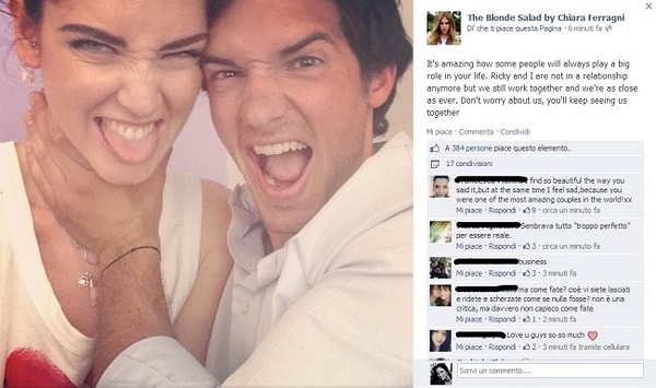 Как настоящий феномен социальной сети, Chiara опубликовала новость о расставании в Инстаграме.