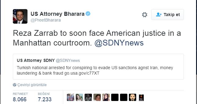 Savcı, Rıza Sarraf için adaletle yüzleşeceğine dair tweeti attıktan sonra sosyal medya coştu. 😃