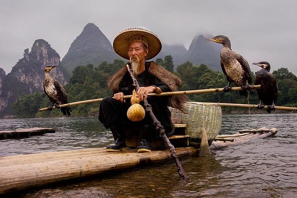 1. Karabataklarla birlikte balık tutan adam. Li Nehri, Çin.