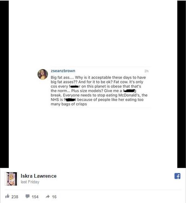Fotoğrafın altına yapılan yorumlarda bir Instagram kulanıcısı Lawrence'dan "şişko inek" diye bahsediyor ve çok fazla cips yediğini söylüyordu.