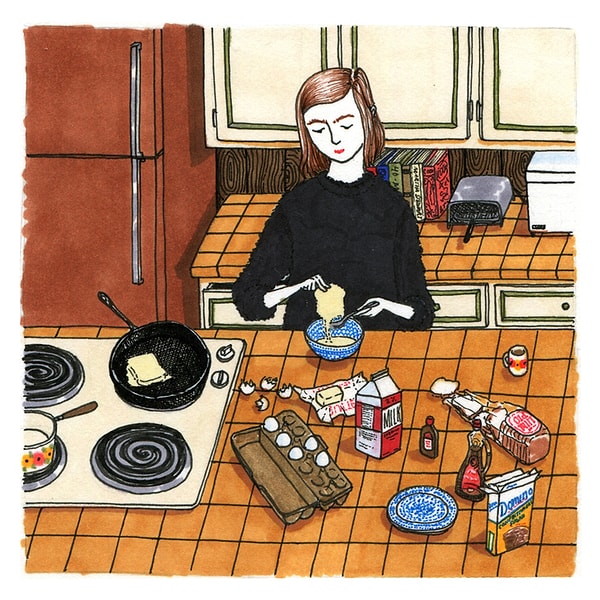 7. "Декорации, которые окружают женщин на рисунках - это стандартные места: ванная, кафе или спальня, где все разбросано".