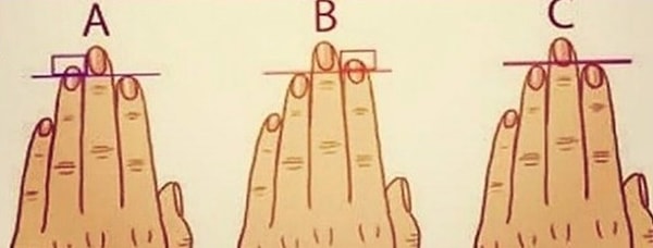 2. А теперь посмотри на левую руку. Твой указательный палец длиннее безымянного или нет?