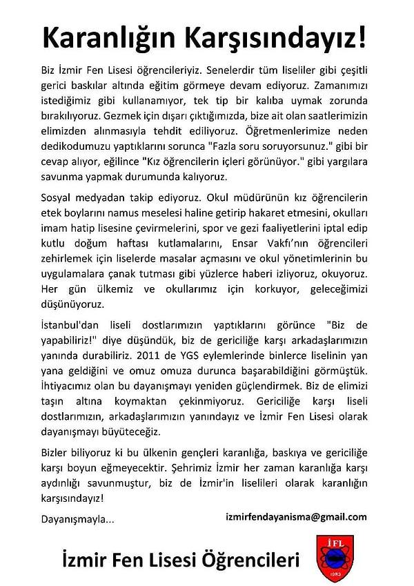11. İzmir Fen Lisesi: 'Karanlığın karşısındayız!'