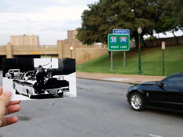 7. The moment of John F. Kennedy's assassination and the same boulevard today...