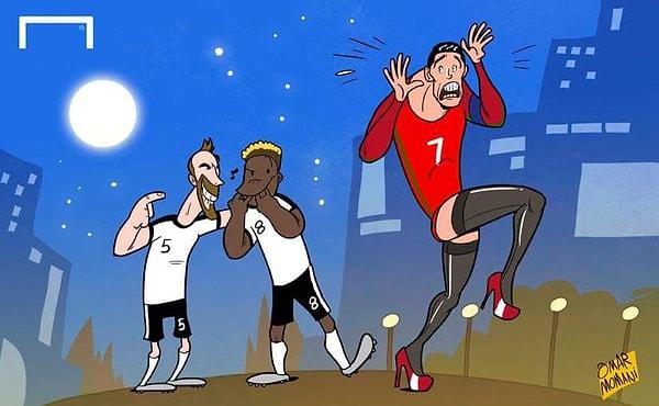 Maç öncesinde Ronaldo'nun taytlı bir fotoğrafının da sosyal medyaya düşmesi üzerine Omar Momani isimli karikatüristin çalışması