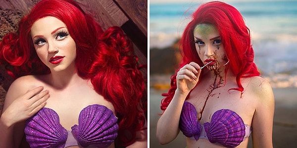 4. Русалочка до и после того, как попалась на рыбацкий крючок