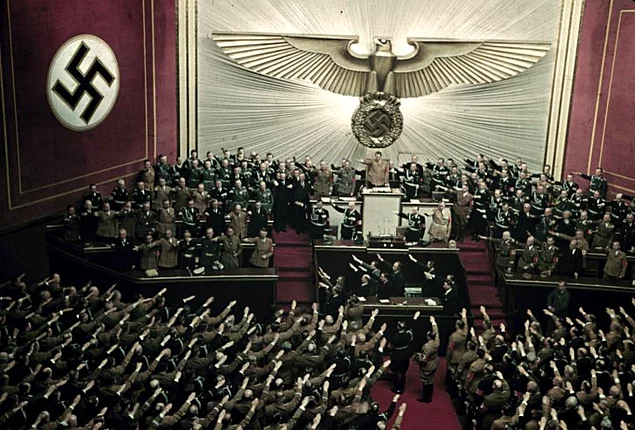 Adolf Hitler makes keynote address at Reichstag session, Kroll Opera House, Berlin, 1939.