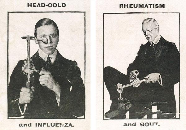 Veedee Vibratörlerine ait kutuların arkasında tarif edilen çeşitli tedavi yöntemleri. (1915)