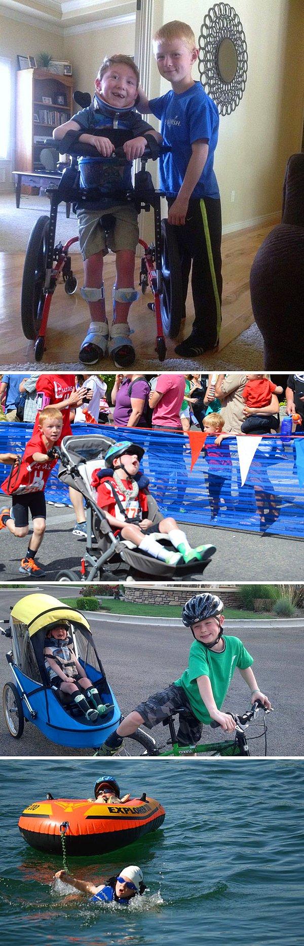 1. Mini-Triatlon'u Engelli Kardeşi Lucas ile tamamlayan 8 yaşındaki Noah.