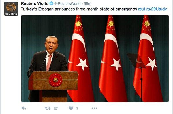 Reuters: Erdoğan Türkiye'de 3 Ay OHAL İlan Edildiğini Açıkladı.