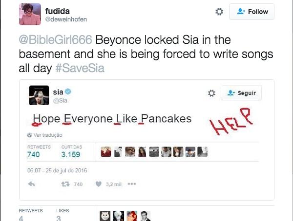 Sia'nın attığı her tweet farklı bir yere çekilmeye devam ediyor, "#SaveSia" yani "Sia'yı Kurtar" hashtagi Brezilya'da hızla yayılıyordu.