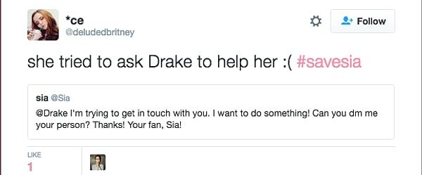 "Sia, Drake'ten kendisine yardım etmesini istiyor."