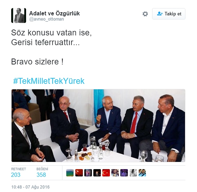 Darbe girişimi sonrasında AKP, MHP ve CHP liderleri işte bu şekilde toplanmışlardı. Birleşmeye yönelik ilk sinyal bu oldu.