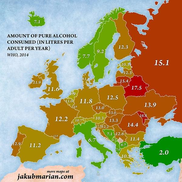 1. Ülkelere Göre Yetişkin Başına Tüketilen Alkol Miktarı (litre)
