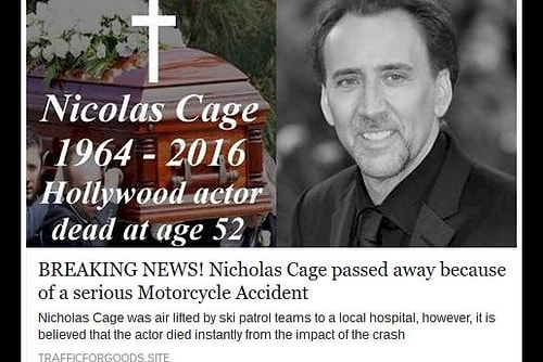 Предполагается, что Николас Кейдж ехал на своем мотоцикле, когда попал в аварию. На Facebook выложили фото Кейджа рядом с гробом.