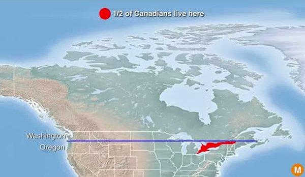 4. Kanada nüfusunun %50'si, haritada gördüğünüz kırmızı alanda yaşamaktadır.