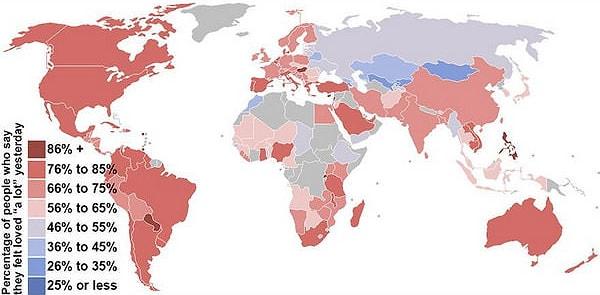 28. Ülkelere göre sevildiğini hisseden insanların haritası