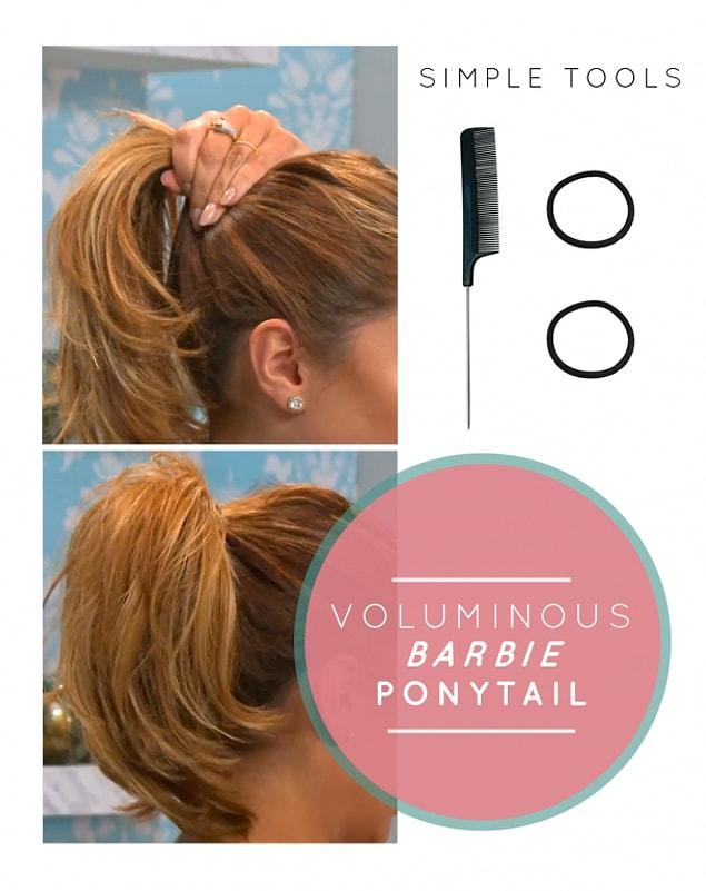 4. Or for a voluminous ponytail, make a ponytail with half of your hair first, secure it with a hair tie, brush it, then make a ponytail with all of your hair including the first one.