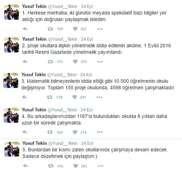 Milli Eğitim Bakanlığı Müsteşarı Yusuf Tekin 24 Eylül'de Twitter hesabından öğretmen değişiklikleri ile ilgili açıklama yapmıştı
