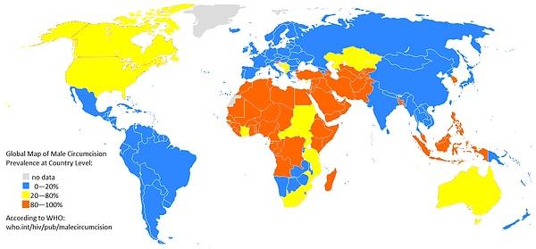 13. Sünnet olan erkeklerin en yoğun yaşadığı ülkeleri de buradan görüyoruz:
