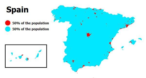 8. İspanya'da da büyük yer israfı var. Nüfusun yarısının yaşadığı alan ancak o kırmızı noktalar